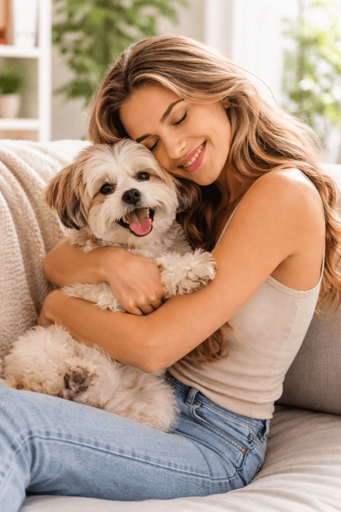 A pet parent holding their dog close at home