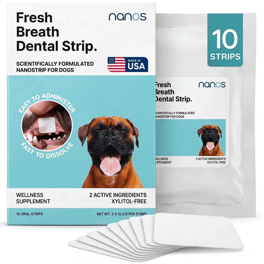 Nanos Fresh Breath Dental Strip box, pouch and strips